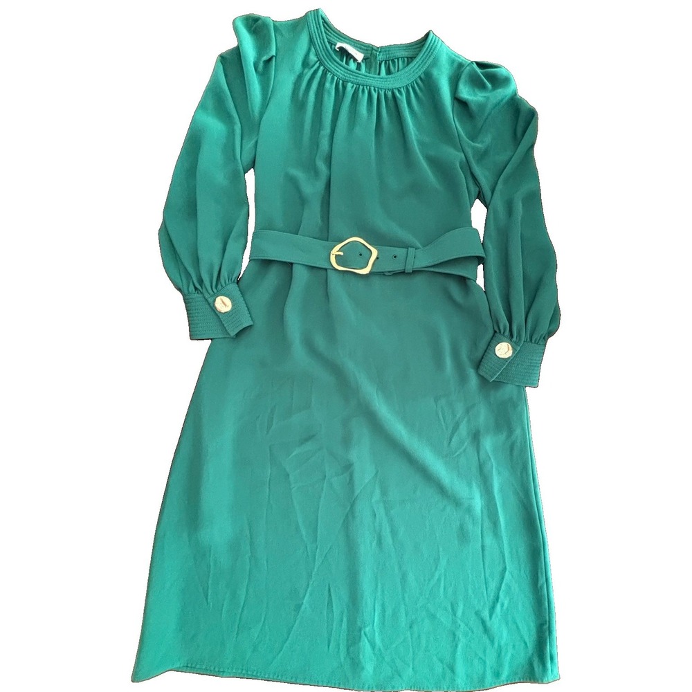 Lafayette 148 New York Green Belted Midi Dress Size L Long Sleeve